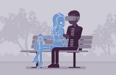 Virtual date in park. Man wearing VR headset meeting with not real woman, enjoy gaming system for entertainment, computer technology for simulated environment. Vector illustration, faceless characters