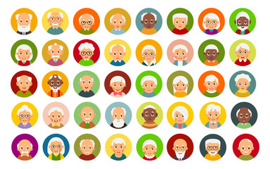 Avatar user old people. Modern flat icon with head user elderly people. Web icon set. Group of characters happy smiling men and women. Concept for web design and internet communication. Flat style. 