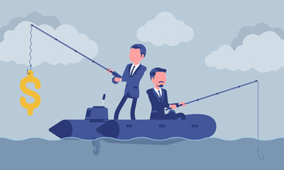 Business fishing for money. Two businessmen trying to catch dollar symbol, more and less successful manager, achievements and chance, luck, fortune in market. Vector illustration, faceless characters
