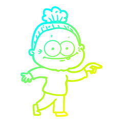 cold gradient line drawing cartoon happy old woman