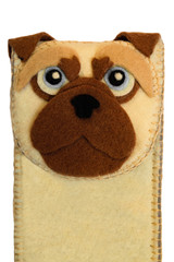 Handmade phone case made of felt with dog face. Fictional character.