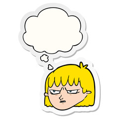 cartoon angry woman and thought bubble as a printed sticker