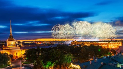 All-Russian holiday for schoolchildren "Scarlet Sails" in St. Petersburg. Fireworks on the bank of the Peter and Paul Fortress, view from the roof