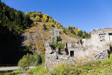 Old ruined stone house. Autumn mountain landscape in Svaneti. Georgia