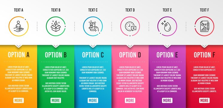 Music phone, Water drop and Recruitment icons simple set. Time, Creative idea and Report document signs. Radio sound, Crystal aqua. Business set. Infographic template. 6 steps timeline. Vector