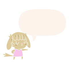 cartoon dog girl pointing and speech bubble in retro style