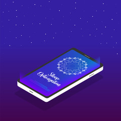 Sleep optimization application. Mobile phone icon in isometric design with a mandala on the screen and text - sleep optimization and a soothing purple background with stars.