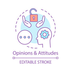 Opinions & attitudes concept icon. Positive thinking, solutions search. Mind, thoughts idea thin line illustration. Happy customer vector isolated outline drawing. Editable stroke