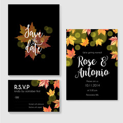 autumn wedding invitation with leaves maple on black background