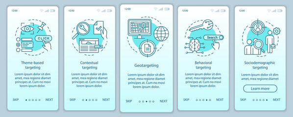 Targeting types turquoise gradient onboarding mobile app page screen vector template. Targeted advertising walkthrough website steps with linear illustrations. UX, UI, GUI smartphone interface concept