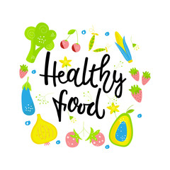 Hand drawn HEALTHY FOOD. Vegetables and fruitson on white background with black lettering. The design concept of healthy food, vegetarian, yoga. Vector illustration EPS 10