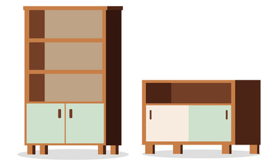 Vector illustration of isolated on white background elements of furniture - empty office or home cupboard and wooden chest of drawers with doors, shelf. Flat design cartoon style interior.