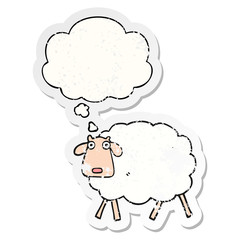 cartoon sheep and thought bubble as a distressed worn sticker