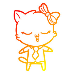 warm gradient line drawing cartoon cat with bow on head