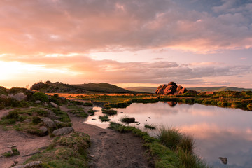 Doxey Pool reflections, and sunset at The Roaches, in the Peak District National Park, Staffordshire.