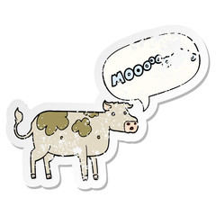 cartoon cow and speech bubble distressed sticker