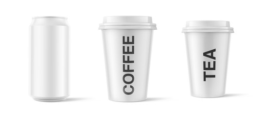 Realistic blank paper cups with plastic lid mockup and  aluminum can mockup. Front view. Coffee to go, beer, water, soda, energetic, take out mug. Ready for your design. Vector illustration. EPS10.