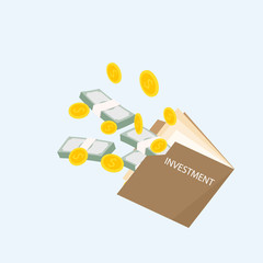 Money coin and banknote out of investment book, vector illustration