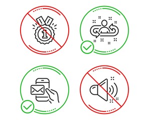 Do or Stop. Approved, Messenger mail and Recruitment icons simple set. Loud sound sign. Winner badge, New e-mail, Manager change. Music. Education set. Line approved do icon. Prohibited ban stop