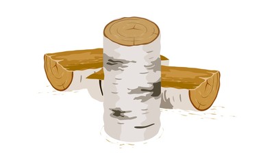 Vector picture shows stabbed birch logs near stump on white background isolated illustration