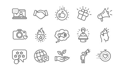 Fototapeta premium Brand ambassador line icons. Influence people, Megaphone and Representative. Handshake, influencer marketing person, ambassador person icons. Linear set. Vector