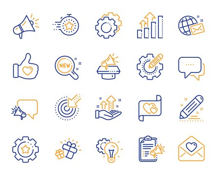 Brand social project line icons. Business strategy, Megaphone and Representative. Influence campaign, social media marketing, brand ambassador icons. Innovation, gift, like sign. Vector