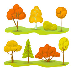 Autumn Trees and bush Set. Illustration of cartoon autumn forest trees, bushes and ground.Hand drawn trees.