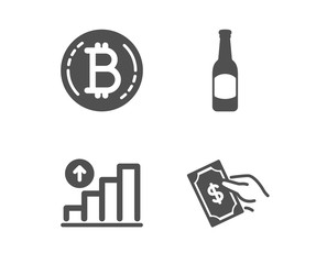 Set of Bitcoin, Beer and Graph chart icons. Pay money sign. Cryptocurrency coin, Bar drink, Growth report. Hold cash.  Classic design bitcoin icon. Flat design. Vector
