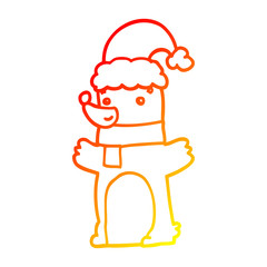 warm gradient line drawing cartoon bear wearing christmas hat