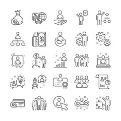 Management line icons. Set of Startup strategy, Business audit and Employee icons. Business strategy, Startup and Teamwork. Organization management, report and group algorithm. Employee job. Vector