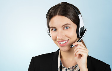 customer support phone operator in headset, with blank copyspace area for slogan or text message