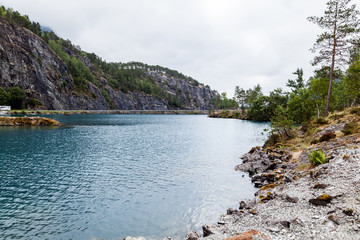 View of blue lake with mountain