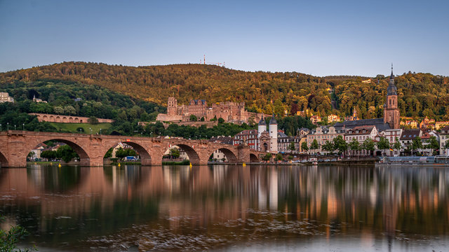 Heidelberg castle ruins, karl theodor bridge (old bridge) and neckar river, germany