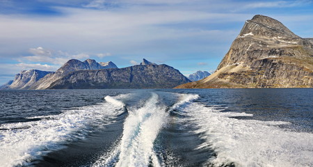 Landscape Greenland, beautiful Nuuk fjord, ocean with mountains backgroun