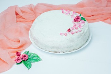Vanilla cake. Decoration flowers. Sweet birthday present. For girl. Handmade. Rose.