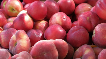 Top view on fresh fruits. Farmer's market. Harvest Festival. ECO, organic products. Peaches and...
