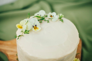 Vanilla cake. Decoration flowers. Sweet birthday present. For girl. Handmade.