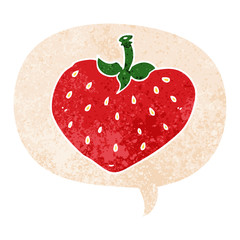 cartoon strawberry and speech bubble in retro textured style