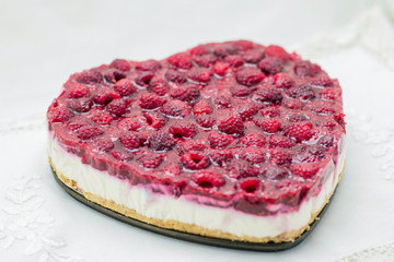 Raspberry closeup. Raspberry cream mousse cake. Delicious fresh red berries. Jam. Jelly. Cheesecake.