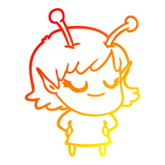 warm gradient line drawing smiling alien girl cartoon
