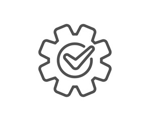 Cogwheel with check line icon. Engineering tool sign. Cog gear symbol. Quality design element. Linear style cogwheel icon. Editable stroke. Vector