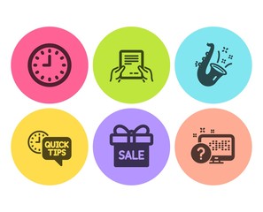 Sale offer, Jazz and Quick tips icons simple set. Clock, Receive file and Online quiz signs. Gift box, Saxophone. Business set. Flat sale offer icon. Circle button. Vector