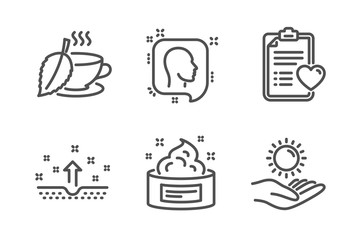 Patient history, Head and Clean skin icons simple set. Mint tea, Skin cream and Sun protection signs. Medical survey, Profile messages. Healthcare set. Line patient history icon. Editable stroke