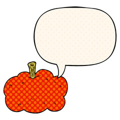cartoon pumpkin and speech bubble in comic book style