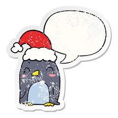 cute christmas penguin and speech bubble distressed sticker