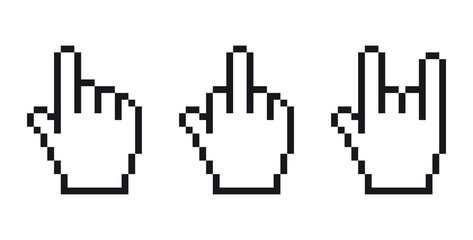 Vector set pixel icon cursor hand in different gesture meaning in Western cultures Fuck you or fuck off and horns rock heavy metal hand gesture. Isolated on white background.
