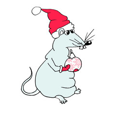 Rat hand drawn sketch. Colorful design cute animal in cap New Year's ball design element stock vector illustration for web, for print