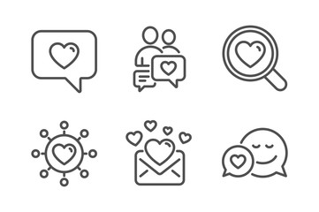 Love mail, Dating chat and Love message icons simple set. Dating network sign. Valentines letter, Relationships network. Love set. Line love mail icon. Editable stroke. Vector