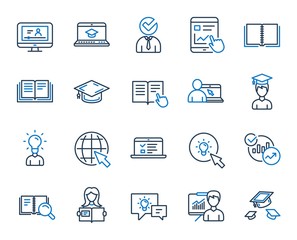 Education line icons. Laptop, Book and Video Tutorial icons. Graduation cap, Instructions and Presentation. College education or Lectures book, Charts and Idea. Laptop, video tutorial. Vector