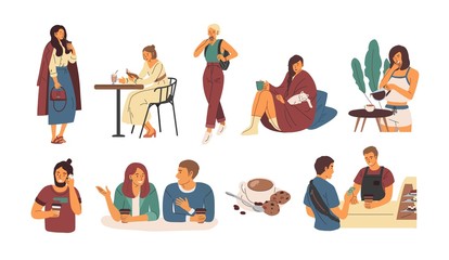 Collection of people with hot beverage isolated on white background. Set of cute men and women walking, sitting at cafe table or at home and drinking coffee. Flat cartoon colorful vector illustration.